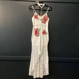 Banjul white embroidered floral lace high low midi maxi neck choker dress S